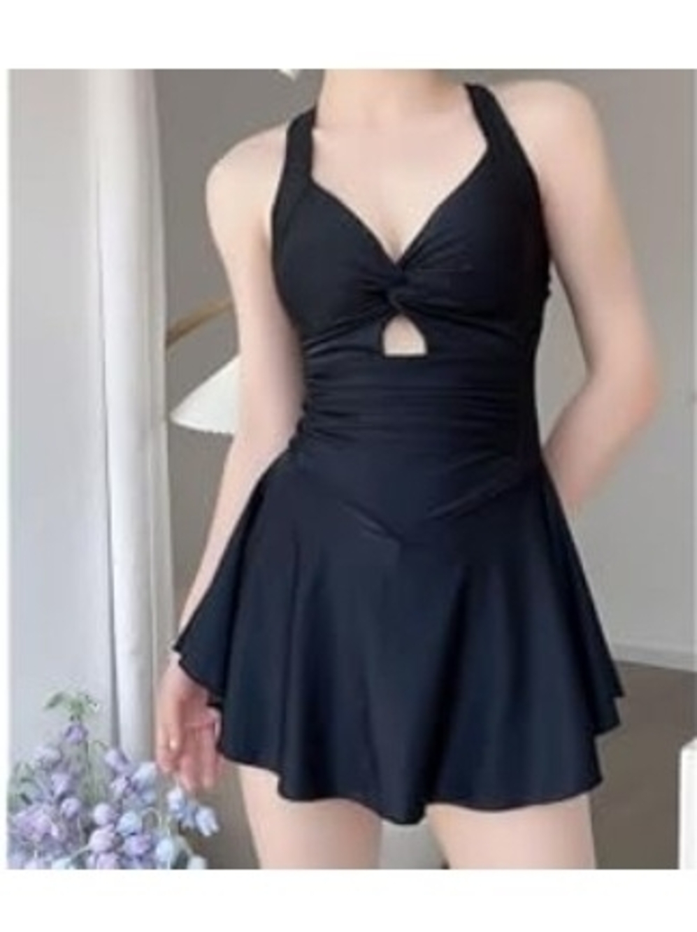 NWT Swimwear Black One-Piece Swimdress with Skirt, Sz S